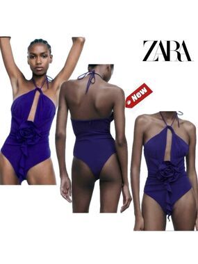 Zara blue 3-D flower halter top cut-out spaghetti strap bodysuit NWT
